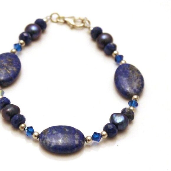 Handcrafted Lapis Lazuli Gemstone Bracelet & Earring Set With Sterling Silver - Picture 4 of 10